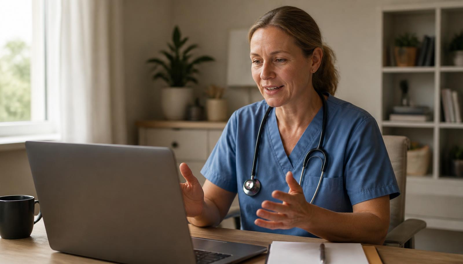 Nurse consultant on a video call from a home office