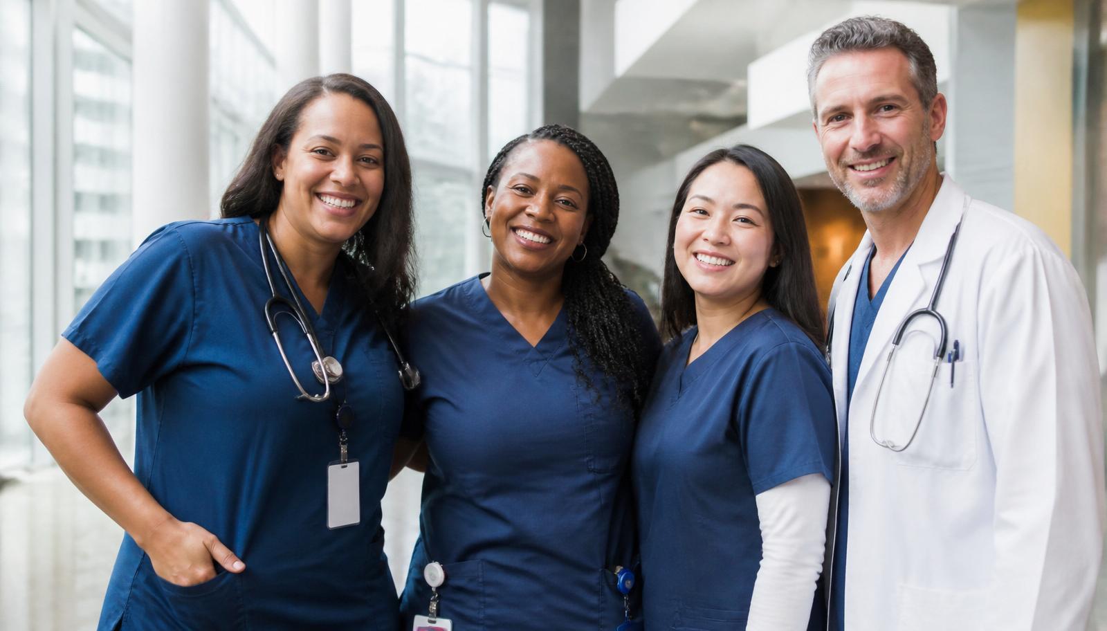 Diverse team of nurses and a doctor smiling in a hospital lobby