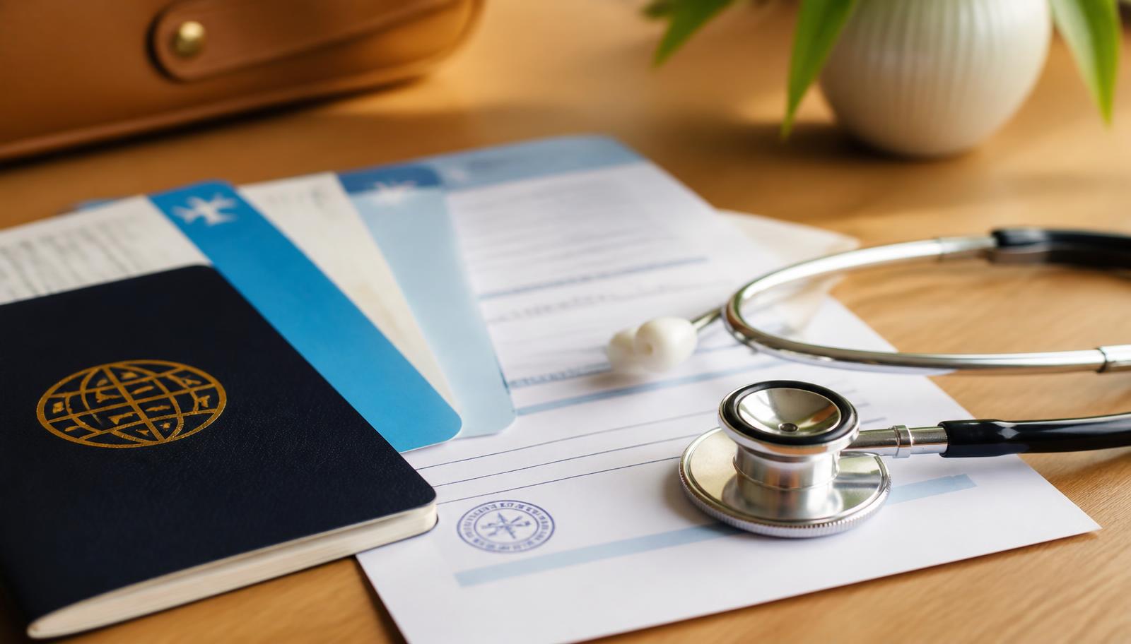 Passport, licensing paperwork and a stethoscope on a desk